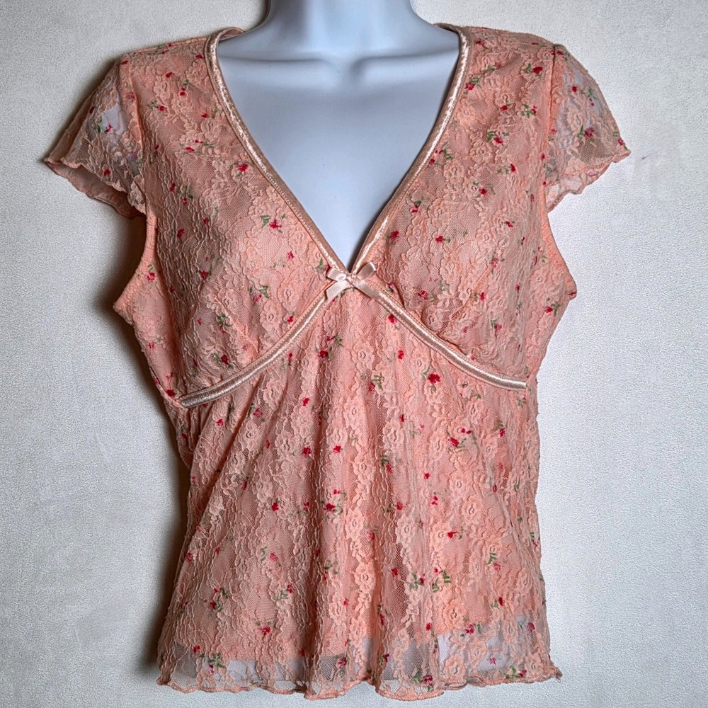 Y2K Babydoll Pink Rosebud Floral Lace Top Lettuce Hem Cap Sleeve Coquette Fairy